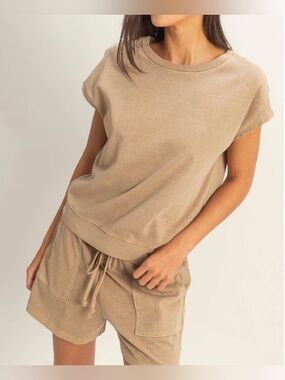 Sleeveless Crew Neck Top and Shorts Set | Mocha